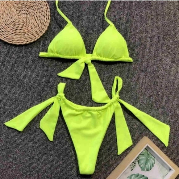 New Neon Slide Triangle Top and Slide Side Tie Bottom Bikini Set Swimsuit Size L - Picture 6 of 8